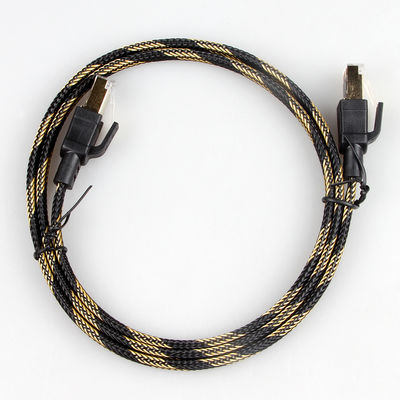 Nylonowy kabel krosowy Ethernet Cat7 Płaski czarny żółty pleciony o dużej szybkości